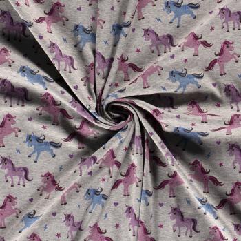Preview: Alpenfleece Druck Einhörner Rosa, Blau auf Grau-meliert
